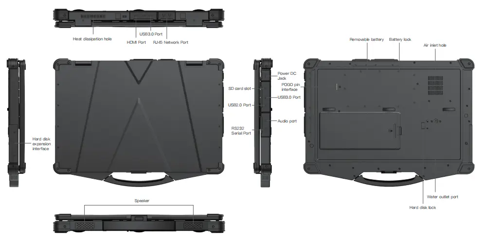 Différentes vues du PC portable durci Emdoor EM-X15U