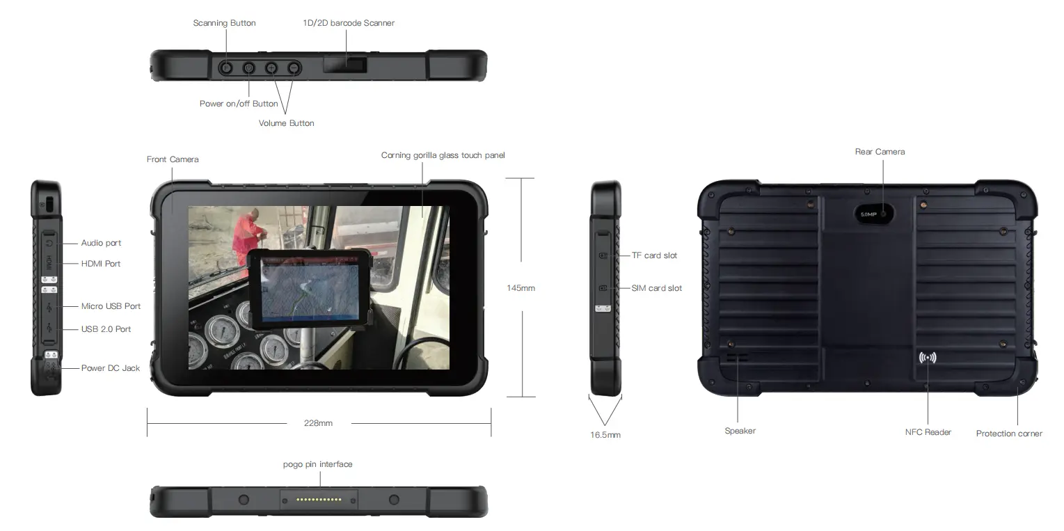 Différentes vue de la tablette durcie Emdoor EM-I86