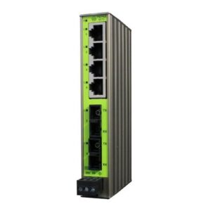 Photo du switch industriel Terz NITE-RS42-11000 avec 6 ports RJ45 et 3 ports fibre SC, monté sur rail DIN.