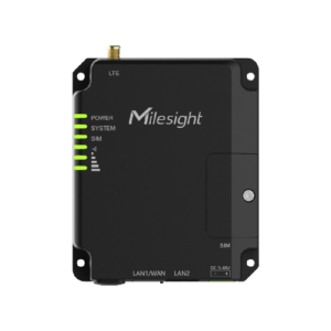 Routeur industriel Milesight UR32L noir avec antenne LTE, ports LAN, port d'alimentation DC et emplacement pour carte SIM.